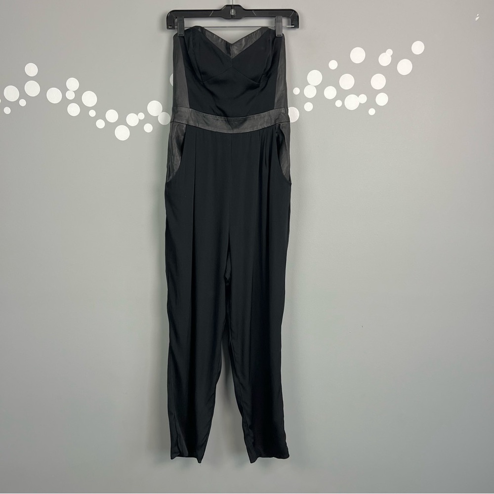 Milly Black Lamb Leather Trim Strapless Bustier Jumpsuit Size 8
